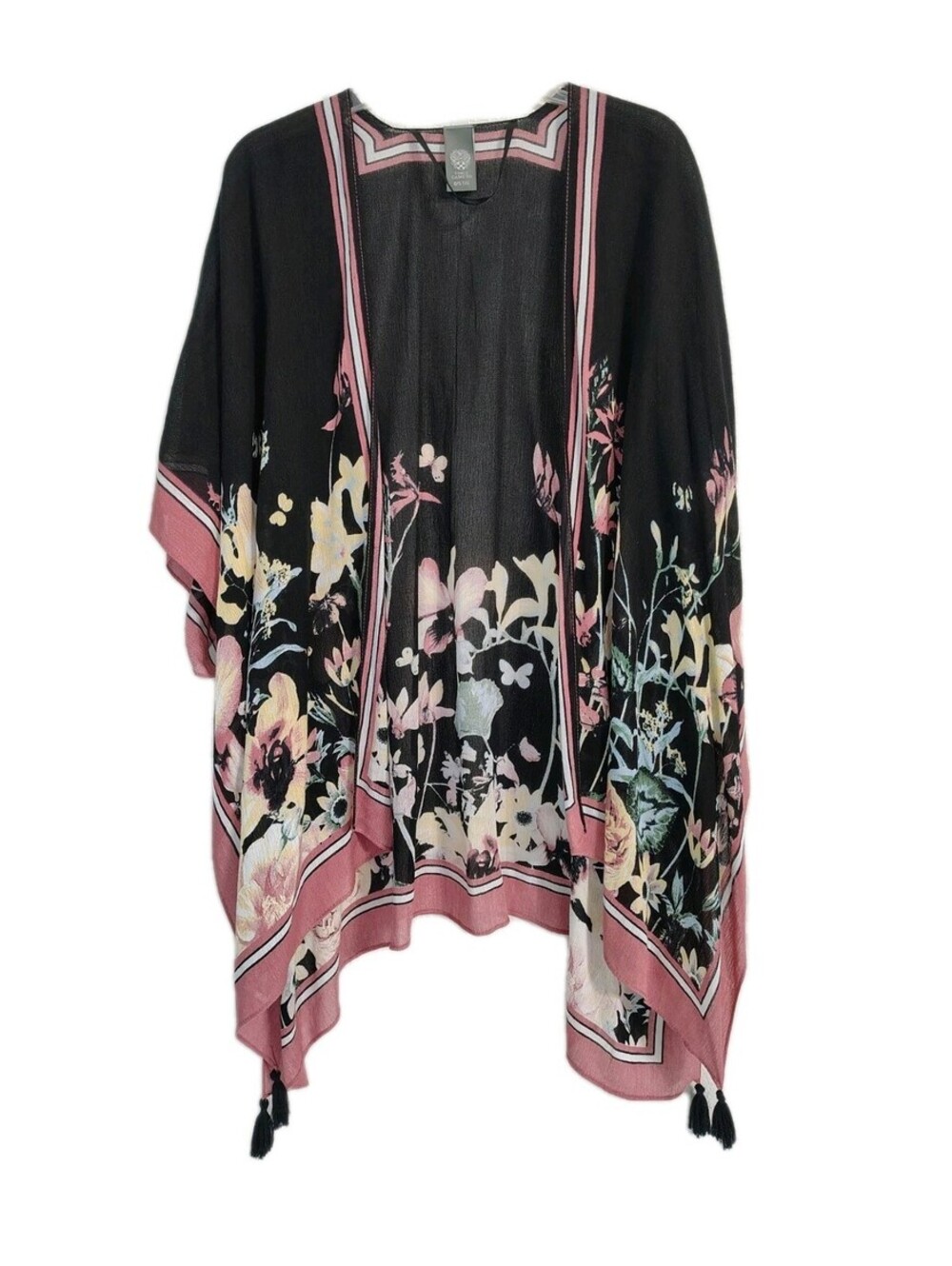 Vince Camuto Black And Pink Floral Sleeveless Shawl with Tassles, Small, EUC